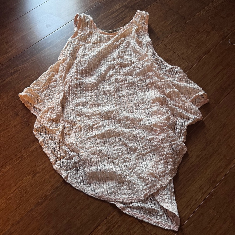 Vintage 2000s Lace Textured Open Shoulder Sheer Tank Top Cape Blouse Pale Pink